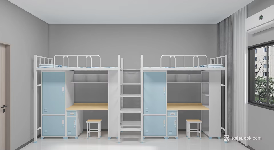 Simple Dormitory Room Interior With Bunk Beds Desks Cabinets Gray Walls And White Floor 3d model 