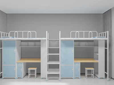 Simple Dormitory Room Interior With Bunk Beds Desks Cabinets Gray Walls And White Floor 3d model