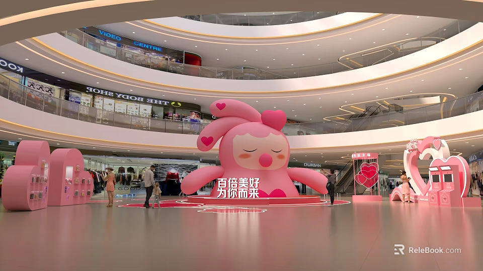 Large Pink Rabbit Decoration Display In Shopping Mall Interior With Heart Elements 3d model 