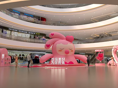 Large Pink Rabbit Decoration Display In Shopping Mall Interior With Heart Elements 3d model