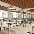 Spacious School Dining Hall With Wooden Ceiling Hanging Lights And Tables Benches 3d model