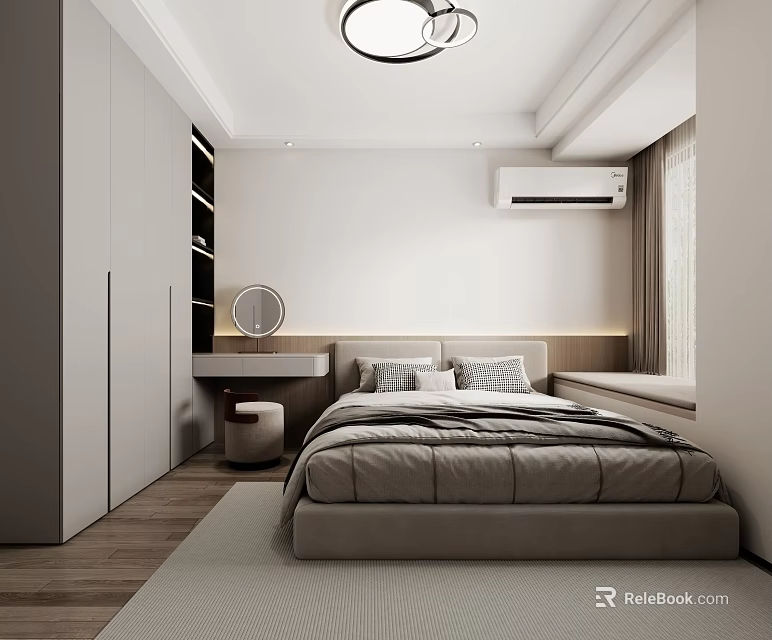 Modern Bedroom Interior Design With Bed Built-in Wardrobe Mirror And Window Curtains 3d model 