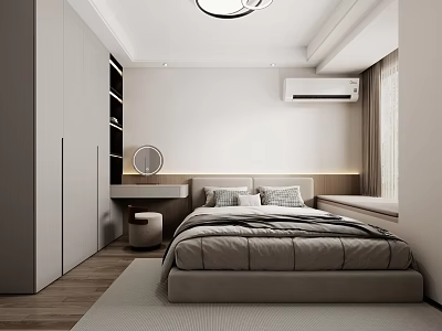 Modern Bedroom Interior Design With Bed Built-in Wardrobe Mirror And Window Curtains 3d model