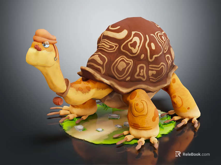 Cartoon Turtle with Brown Patterned Shell Yellow Body Standing on Green Grass and Small Stones 3d model 
