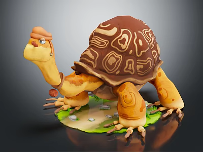 Cartoon Turtle with Brown Patterned Shell Yellow Body Standing on Green Grass and Small Stones 3d model