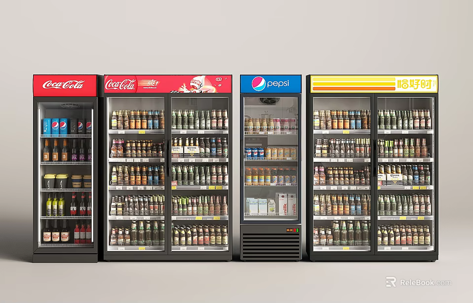 Commercial Beverage Refrigerators Freezers With Multiple Drink Brands Coca-Cola Pepsi Logos In Retail 3d model 