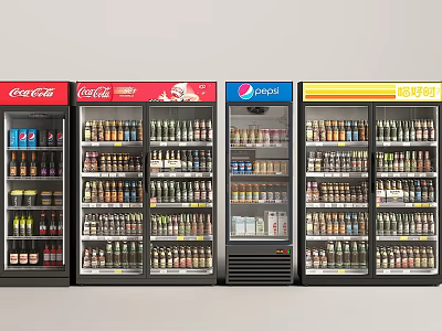 Commercial Beverage Refrigerators Freezers With Multiple Drink Brands Coca-Cola Pepsi Logos In Retail 3d model