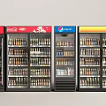 Commercial Beverage Refrigerators Freezers With Multiple Drink Brands Coca-Cola Pepsi Logos In Retail