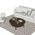Beige Sofa And Round Coffee Table Set With Armchairs On Black And White Checkered Rug