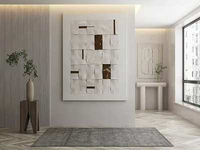 Modern Living Space With Abstract Wall Art Wooden Floor And Gray Rug 3d model