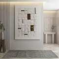 Modern Living Space With Abstract Wall Art Wooden Floor And Gray Rug 3d model