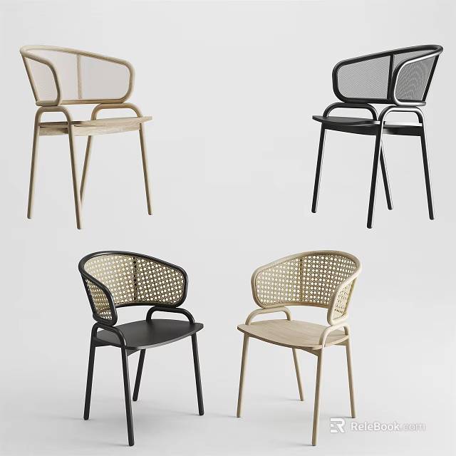 Modern Leisure Chairs With Rattan Backrest Metal Frame In Black And Beige 3d model 