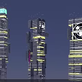 Futuristic Architecture With Tall Buildings Illuminated Yellow Lights And Tech Logos