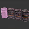 Four Black Metal Drums With Orange Stripes As Decorative Equipment