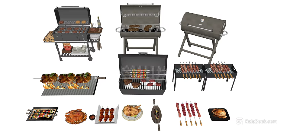 Various Types Of Barbecue Grills Skewers Roasted Meat And Tools 3d model 