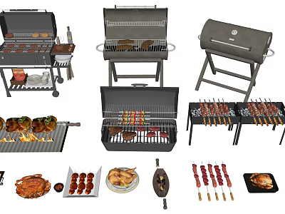 Various Types Of Barbecue Grills Skewers Roasted Meat And Tools 3d model