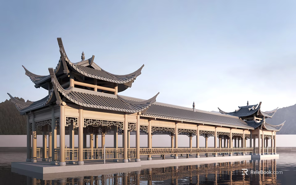 Scenic Traditional Landscape Bridge With Chinese Pavilions Curved Eaves Over Water 3d model 