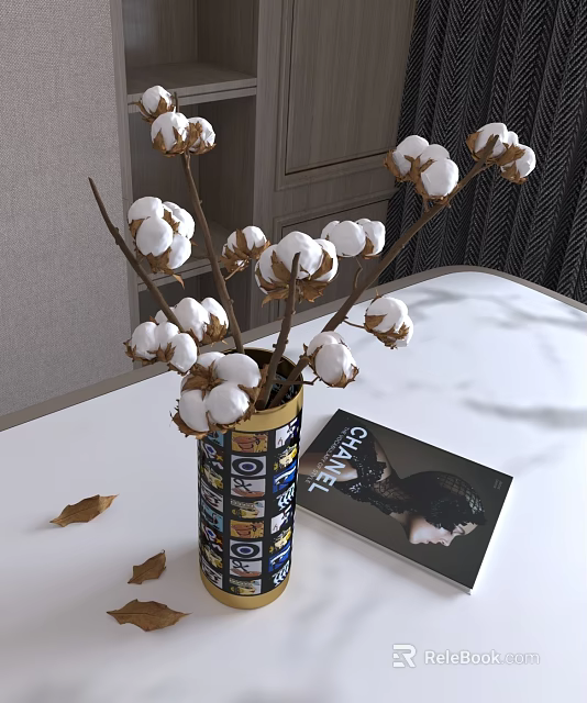 Colorful Patterned Vase With Cotton Branches And Chanel Magazine On White Table 3d model 