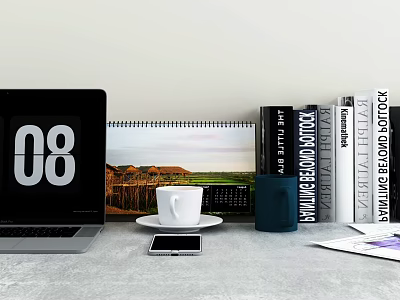Laptop With Digital Clock Showing 08 Spiral Calendar White Coffee Cup Smartphone And Stacked Books 3d model