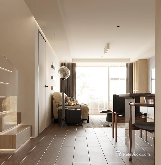 Modern Living and Dining Room Interior With Sofa Dining Table And Large Window 3d model