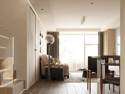 Modern Living and Dining Room Interior With Sofa Dining Table And Large Window 3d model