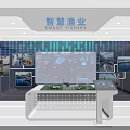 Agricultural Exhibition Hall Featuring Smart Fishery Data Charts Large Screen Display and Model Table