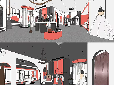 Modern Clothing Store Interior With Stylish Displays Chandeliers And Red White Decor 3d model