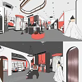 Modern Clothing Store Interior With Stylish Displays Chandeliers And Red White Decor