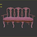Classic Wooden Sofa With Carved Backrest Armrests And Pink Checkered Upholstered Seat