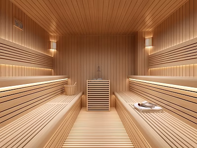 Wooden Sauna Interior With Benches And Warm Lighting 3d model