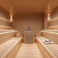 Wooden Sauna Interior With Benches And Warm Lighting
