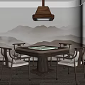 Chinese Style Square Table With Wooden Chairs And Mountain Painting Background 3d model
