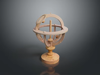Vintage Armillary Sphere With Wooden Base And Metal Rings Decorative Celestial Instrument 3d model