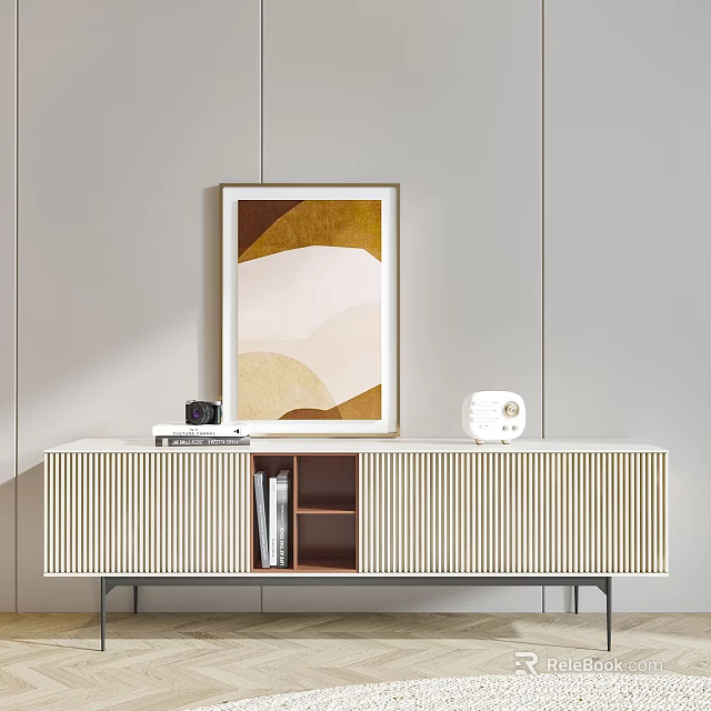 Modern Striped TV Stand With Gold Beige Wall Art Books And Decorative Items 3d model 