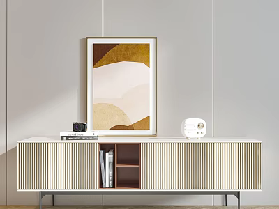 Modern Striped TV Stand With Gold Beige Wall Art Books And Decorative Items 3d model