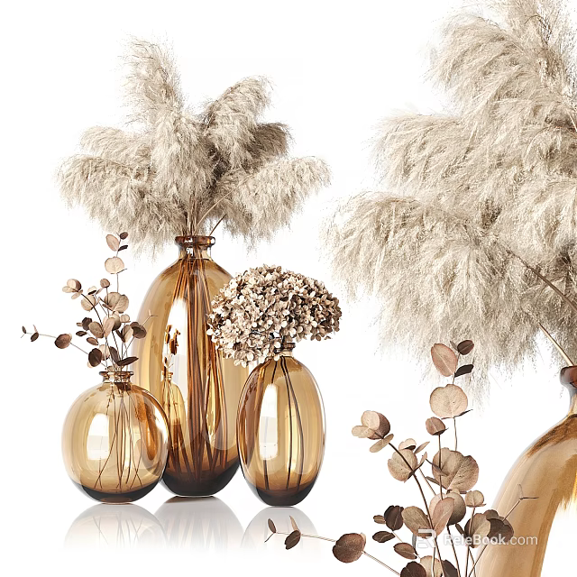 Golden Glass Vases With Dried Pampas Grass Eucalyptus And Flower Arrangements For Home Decor 3d model 