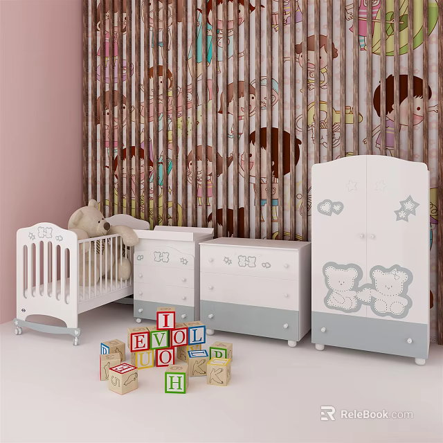 White Baby Crib With Bear Design Cabinets And Alphabet Blocks In Nursery Room 3d model 