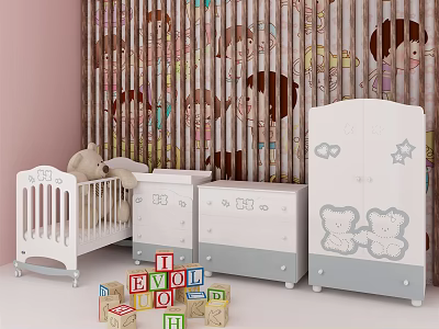 White Baby Crib With Bear Design Cabinets And Alphabet Blocks In Nursery Room 3d model