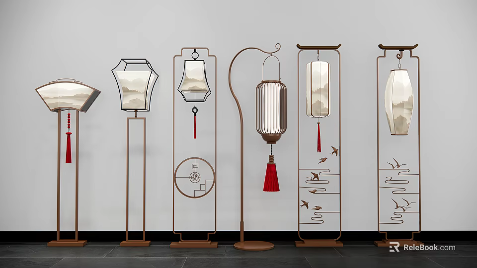 Chinese Style Floor Lamps With Various Designs Metal Frames Geometric Cloud Crane Patterns Red Tassels 3d model