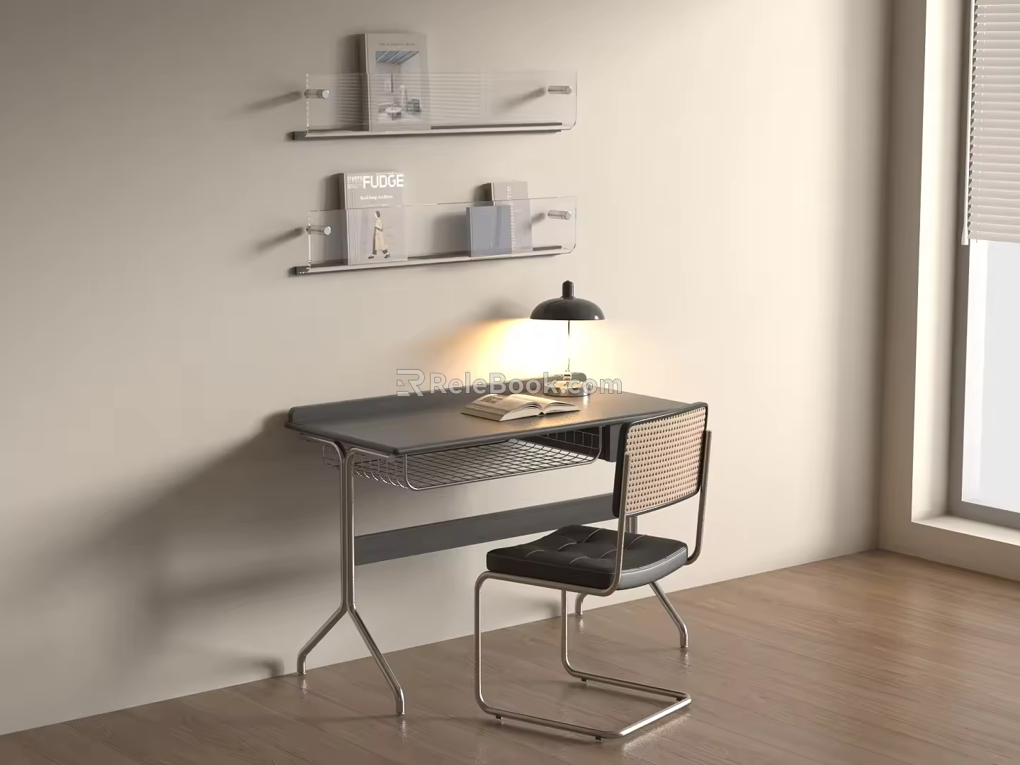 Modern Desk Computer Desk Finished Desk Book Chair Bookshelf Desk Lamp 3d model