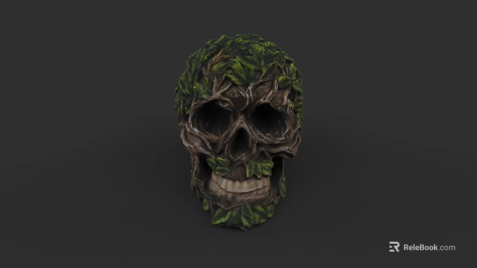 Skull Adorned With Green Leaves And Vines Natural Bio Art Design 3d model 