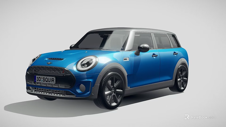 Blue Mini Five Door Hatchback With Sporty Design And Black Wheels 3d model 