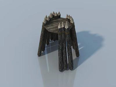 Handcrafted Wooden Stool With Spiked Decorative Top And Log Legs 3d model