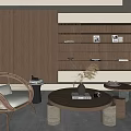 Modern Living Room Interior With Wooden Wall Rattan Chair Round Coffee Table And Bookshelf