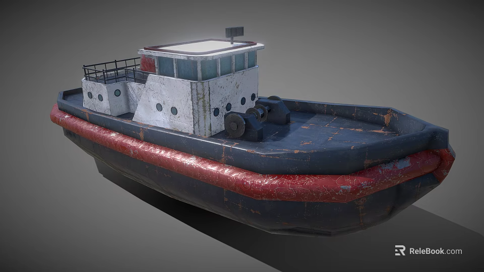 Vintage Rusty Tugboat With White Cabin Blue And Red Hull Details 3d model 