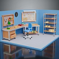 Indoor Workspace With Blue Walls Wooden Desk Green Lamp Blue Chair Shelves Books Clock And Map