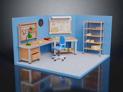 Indoor Workspace With Blue Walls Wooden Desk Green Lamp Blue Chair Shelves Books Clock And Map 3d model