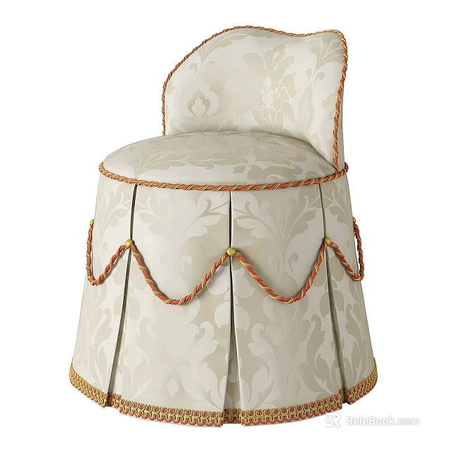 Elegant Upholstered Stool With Beige Floral Pattern And Tassel Trim 3d model 