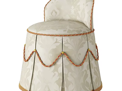 Elegant Upholstered Stool With Beige Floral Pattern And Tassel Trim 3d model
