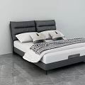 Modern Double Bed with Grey Tufted Headboard White Patterned Pillows Black White Checkered Blanket 3d model